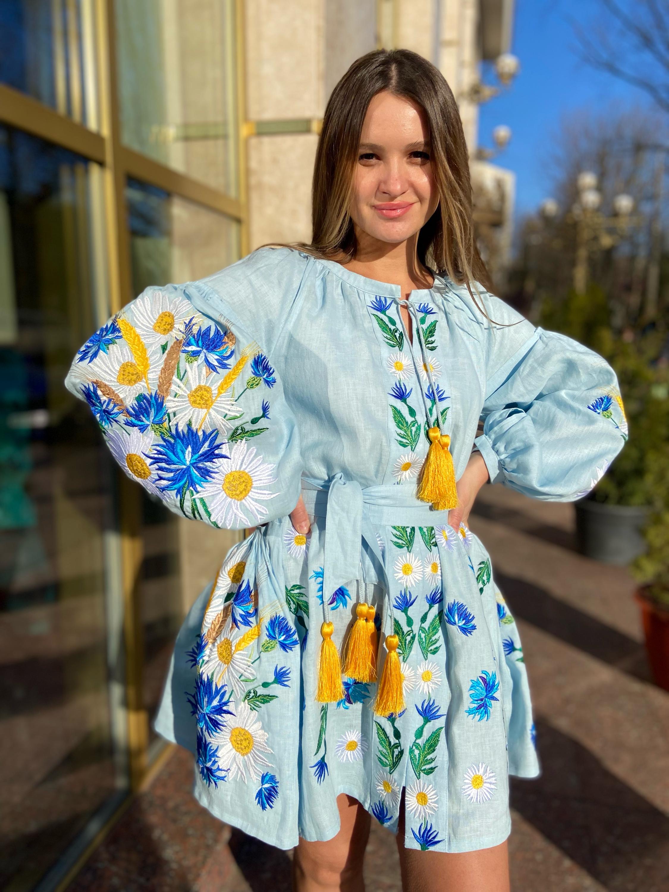 Ukrainian Embroidered Dress Vyshyvanka, Blue Linen Boho Dress With ...