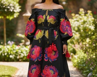 Vestido maxi de lino bordado / Vyshyvanka ucraniano, Boho floral