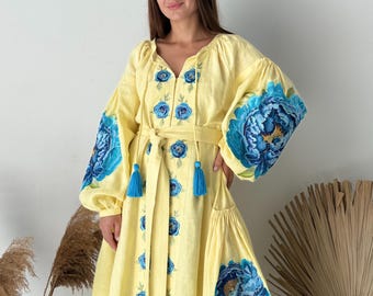 Embroidered Linen Boho Dress – Yellow Vyshyvanka Style Floral MIDI, Flowers embroidery dress