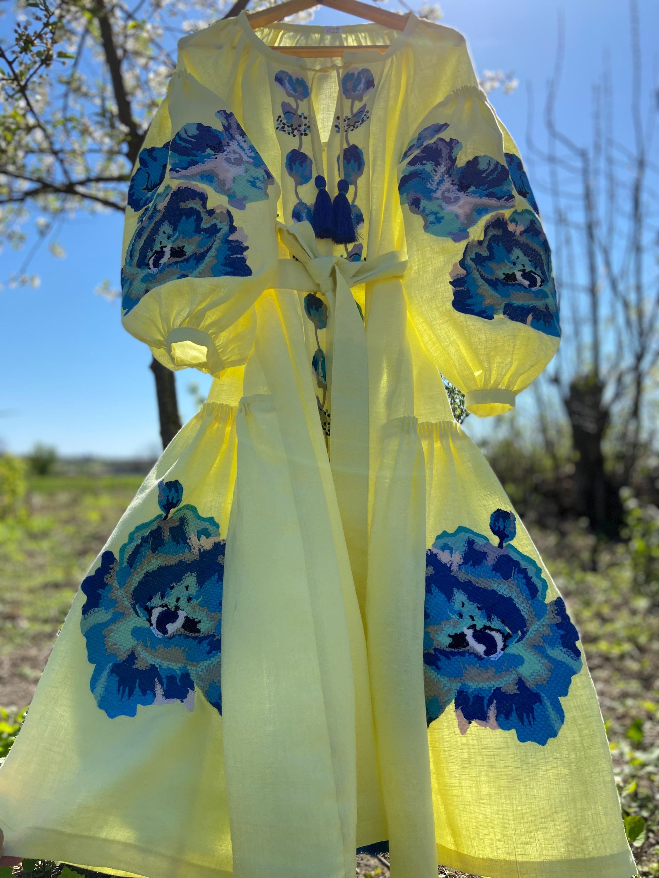 Ukrainian yellow linen maxi Embroidered dress for women- Vyshyvanka, Traditional dress , Floral Embroidery Gift