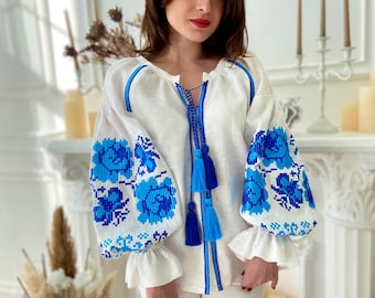 Ukrainian Embroidered Blouse Vyshyvanka for Women | White Linen Boho Shirt | Blue Floral Embroidery