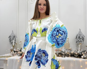 Ukrainian Embroidered Dress Vyshyvanka with flowers, White linen Boho Dress with blue embroidery floral, Ethnic Folk Dress