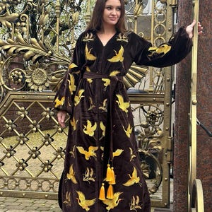 gold dress and caftan with cranes White and Gold Islamic Kaftan, Hand Beaded Moroccan Wedding Maxi Dress with Embroidery Hijab