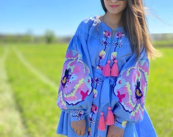 Floral Embroidered Vyshyvanka Dress, Ukrainian Style