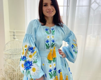 Ukrainian Embroidered Dress Vyshyvanka, Blue Linen Boho Dress with Daisies, Folk Summer Dress