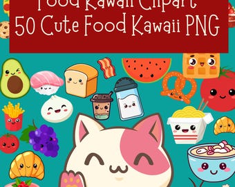 50 Cute Food Kawaii PNG | Food Kawaii Clipart | Sticker Digital File Download | Cute Kawaii