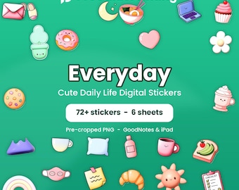 Everyday Digital Stickers, 72 Cute Daily Life PNG Stickers for GoodNotes, iPad & Android Planners | Pre-Cropped Kawaii Planner Stickers