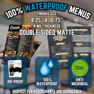 May include: Waterproof menus with a matte finish, measuring 21 cm x 27 cm. The menus are double-sided and 8 mil thick. Features include being rip-proof, 100% waterproof, and antimicrobial. The image shows sample menus for restaurants.