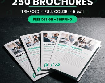 250 Brochures Printed with FREE Design, 8.5x11 Tri Fold Printing, Custom Trifold Brochures, Gloss or Matte, Bi Fold Z Fold Gate Fold