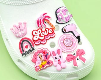 Random Pink Shoe Charms – Cute Heart Bow Clog Pins Casual PVC Shoe Buckle Decorations for Girls & Teens