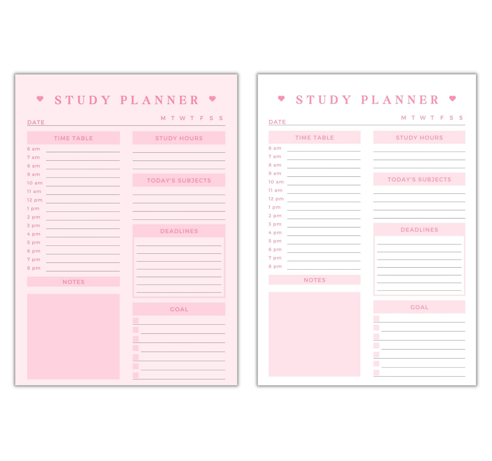 Study Schedule Planner Printable Organizer Minimal Pink Simple Everyday