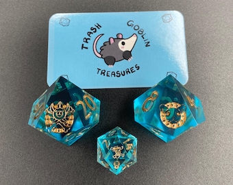 Blue alt D20 (OG flag), large D100 and D10 (Lion and Sheep) anime themed resin dice for Dungeons and Dragons, MTG, and other Tabletop Game