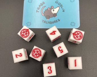 The Flame Alchemist’s Fireball 8 piece anime dice set for Dungeons and Dragons, and other tabletop games.