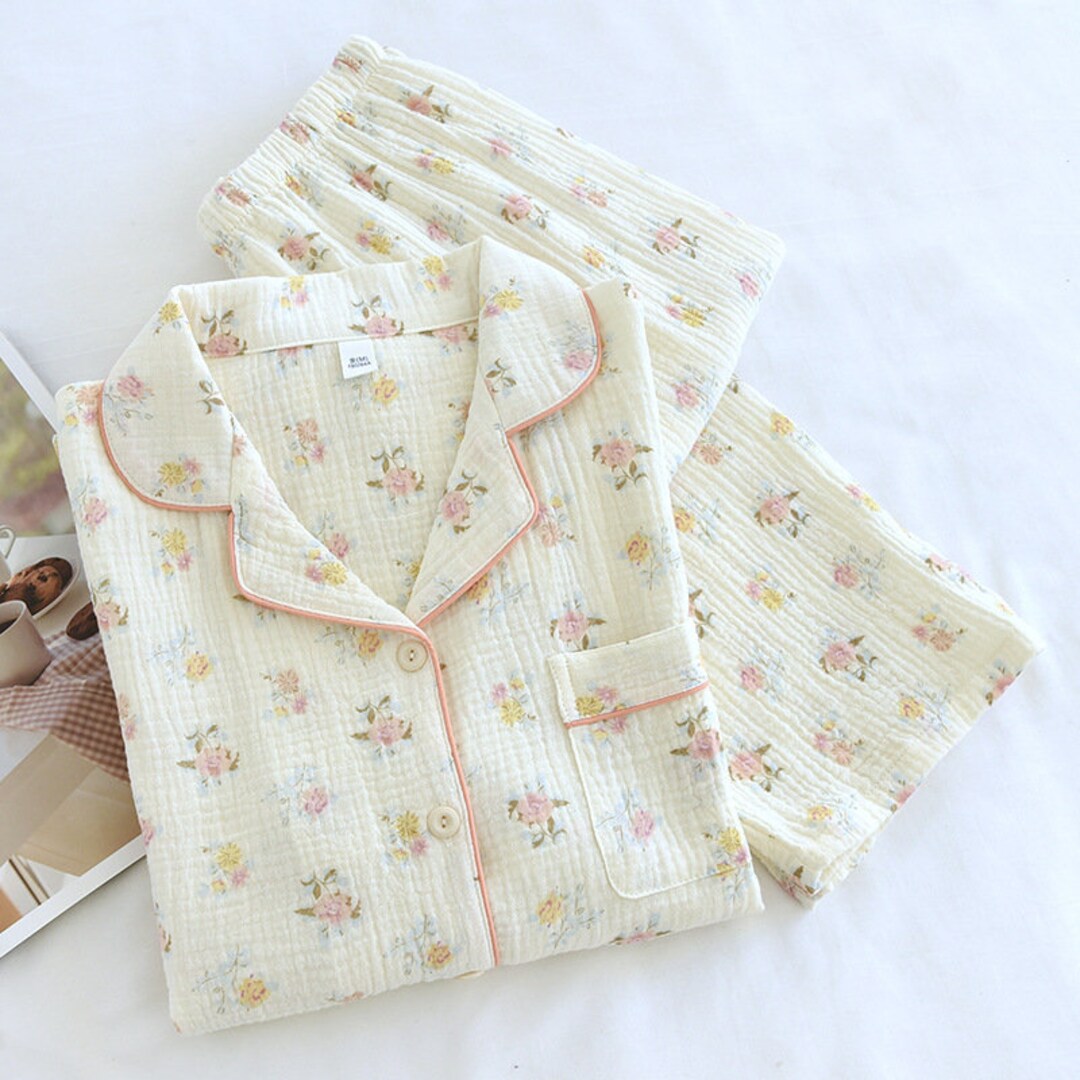 Pure Cotton Gauze Pajamas for Women Double Layered Crepe Home Clothing Set With Lapel, Ideal for