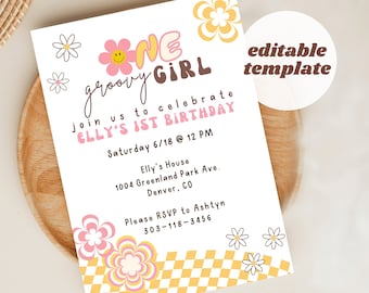 Invitación de primer cumpleaños para niña con estilo bohemio, temática de margaritas (descarga digital)