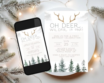 Winter Woodland Oh Deer Boy Geburtstagseinladung, Berg Thema Bearbeitbare Canva Einladen Vorlage