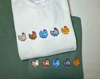 Stardew Valley Pixel Chickens Embroidered Crew Sweater