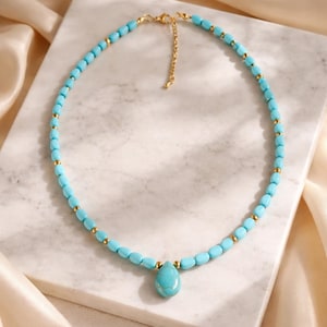 Ketting coquillage turquoise schelpen 45 cm – unisex bijou fait main – stijl bohème naturel – parels goutte met hanger