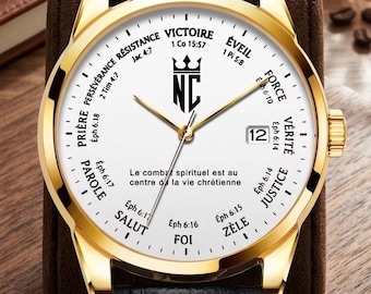 Montre Chrétienne Unisexe Combat Spirituel | Montre Religieuse en Cuir Noir et Or | Cadeau Chrétien Éphésiens 6 | Bijou Foi en Christ