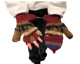 Hand Knitted 100% wool Flip Top Mittens, Fingerless mittens inner fleece lined woolen mittens