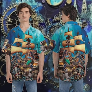 Vintage schedel piraten en zeemeermin Hawaiiaanse shirts, piratenschip Aloha Beach-shirt, piratenstrandshirt, button-down shirts, familiematching