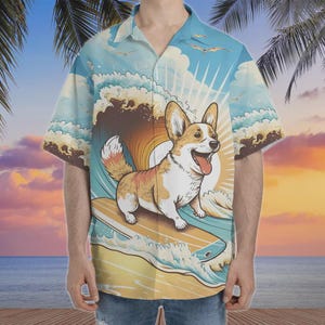 Corgi Surfing Hawaiian Shirt, Wave Surfing Summer Beach Shirt, Tropical Aloha Shirt, Dog Lovers Mens Button Down Short Sleeve Hawaiian Shirt