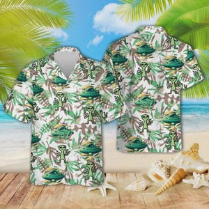 UFO Alien Hawaiian Shirt For Men Women, Mythical Alien Pattern Summer Aloha Button Down Short Sleeves, Space Creatures Casual Beach Shirts