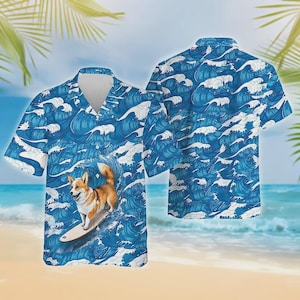 Corgi Surfing Summer Men's Hawaiian Shirts, Tropical Summer Beach Aloha Button Down Short Sleeve Mens Hawaiian, Corgi Lover Gift, Family Set