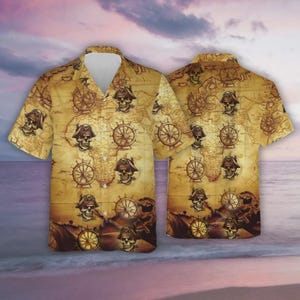 Piraten-Totenkopf-Hawaiihemden für Jedermann, 3D-Piraten-Stil Sommer-Shirt, Hawaii-Sommer-Strand-Shirt, Piraten-Kurzarm-Shirt mit Knopfleiste