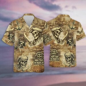 Schädel Pirat Hawaiihemden, Skelettschädel Karte Drucken Sommerhemd, Piraten Kurzarm Hawaiihemd mit Knöpfen, Familie Passende Outfits
