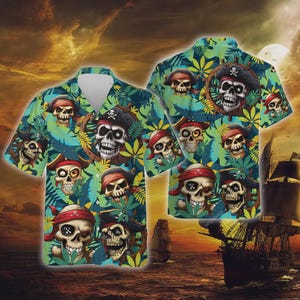 Tropisches Piraten-Totenkopf-Hawaiihemd, lustiges Piraten-Stil Aloha Beach-Shirt, Horror-Skelett, lässiges Button-Down-Shirt, Familien-Matching-Outfit