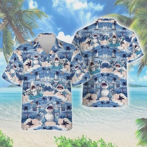 Chemise hawaïenne pour homme requin vigoureux, chemise boutonnée Aloha Beach travaillant animal de l'océan, haut préféré des amateurs d'haltérophilie, objet marin