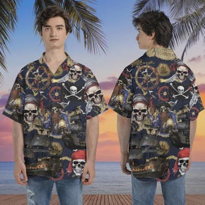 Geist Schiff Hawaii Hemden, Piraten-Totenkopf Sommer Strand Shirt, Horror Vintage Sommer Aloha Hemden, Piraten-Totenkopf Kurzarm Hemd mit Knöpfen
