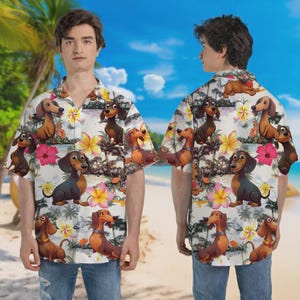 Tan Dachshund Lover Unisex Hawaiian Shirt, Tropical Floral Unisex Aloha Shirts, Summer Clothes, Family Matching Outfits, Gift for Dad Lovers