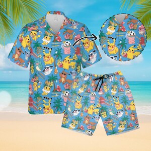 Traje de playa para hombre con temática de dibujos animados tropicales, camisa hawaiana y pantalones cortos para fiestas de verano, camisa hawaiana y pantalones cortos, traje de vacaciones de verano