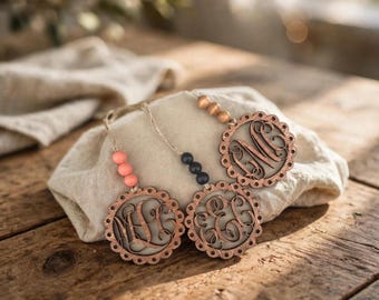 Personalized Wood Monogram Car Charm, Scalloped Circle, Jute Twine Hanger (New Driver Gift)