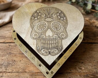 Handmade Heart Jewelry Box, Laser Cut Birch, Sugar Skull or Rose Design (Gift)