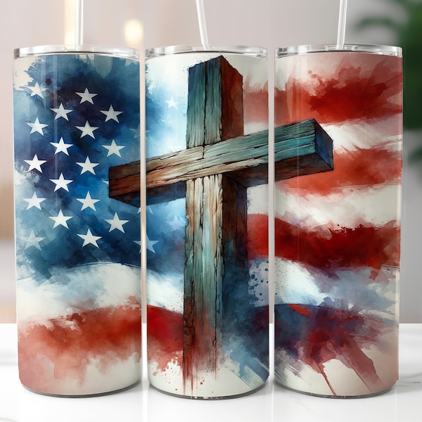 Patriotic Cross 20oz Skinny Tumbler Wrap, Sublimation Design, Digital Download PNG, American Flag Tumbler png, Christian Jesus Tumbler png