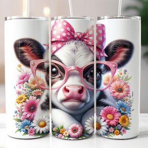 Cute Floral Cow 20oz Skinny Tumbler Wrap, Sublimation Design, Digital Download PNG, Farm Animal Tumbler Wrap PNG, Dairy Cow Tumbler PNG