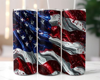 Liquid American Flag 20oz Skinny Tumbler Wrap, Sublimation Design, Digital Download PNG, Memorial Day Tumbler Wrap PNG, Red White and Blue