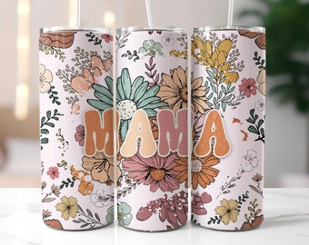 Retro Mama 20oz Skinny Tumbler Wrap, Sublimation Design, Digital Download PNG, Pink Floral Mom Tumbler Wrap PNG