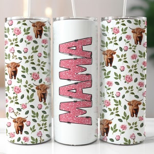 Floral Highland Cow 20oz Skinny Tumbler Wrap, Sublimation Design, Digital Download PNG, Glitter Mama Tumbler Wrap PNG, Mothers Day Tumbler