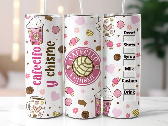 Cafecito y Chisme Coffee Tumbler Wrap PNG, Mexican Pan Dulce 20oz Skinny Tumbler Sublimation, Pink Conchas Tumbler Png