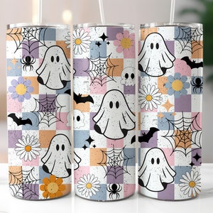 Retro Halloween Tumbler Wrap PNG, 20oz Skinny Tumbler Sublimation,Checkered Ghost Tumbler PNG,Spooky Season Tumbler, Pastel Halloween
