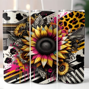 Retro Sunflower 20oz Skinny Tumbler Wrap, Sublimation Design, Digital Download PNG, Western Cow Print Tumbler Wrap PNG
