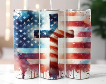 Christian Cross American Flag 20oz Skinny Tumbler Wrap, Sublimation Design, Digital Download PNG, Patriotic Tumbler, Tumbler Wrap for Men