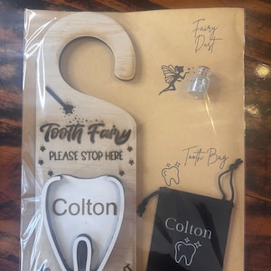 Tooth Fairy starter kit  personalised door hanger , fairy dust and small bag  - tooth fairy , fairy’s , tooth , teeth,new teeth