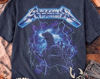 Vintage Godzilla Heavy Metal T-Shirt Kaiju Lightning Graphic Tee Retro Thrash Metal Style Godzilla Shirt Comfort Colors Japanese Movie Tee