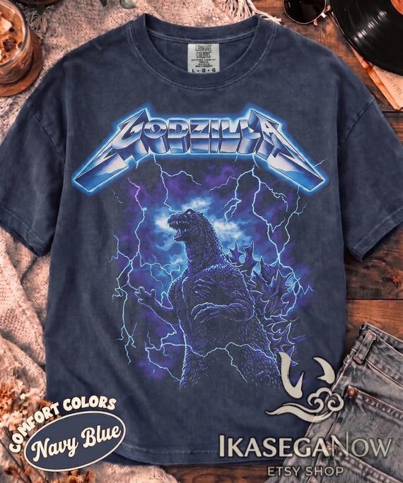 Vintage Godzilla Heavy Metal T-Shirt Kaiju Lightning Graphic Tee Retro Thrash Metal Style Godzilla Shirt Comfort Colors Japanese Movie Tee