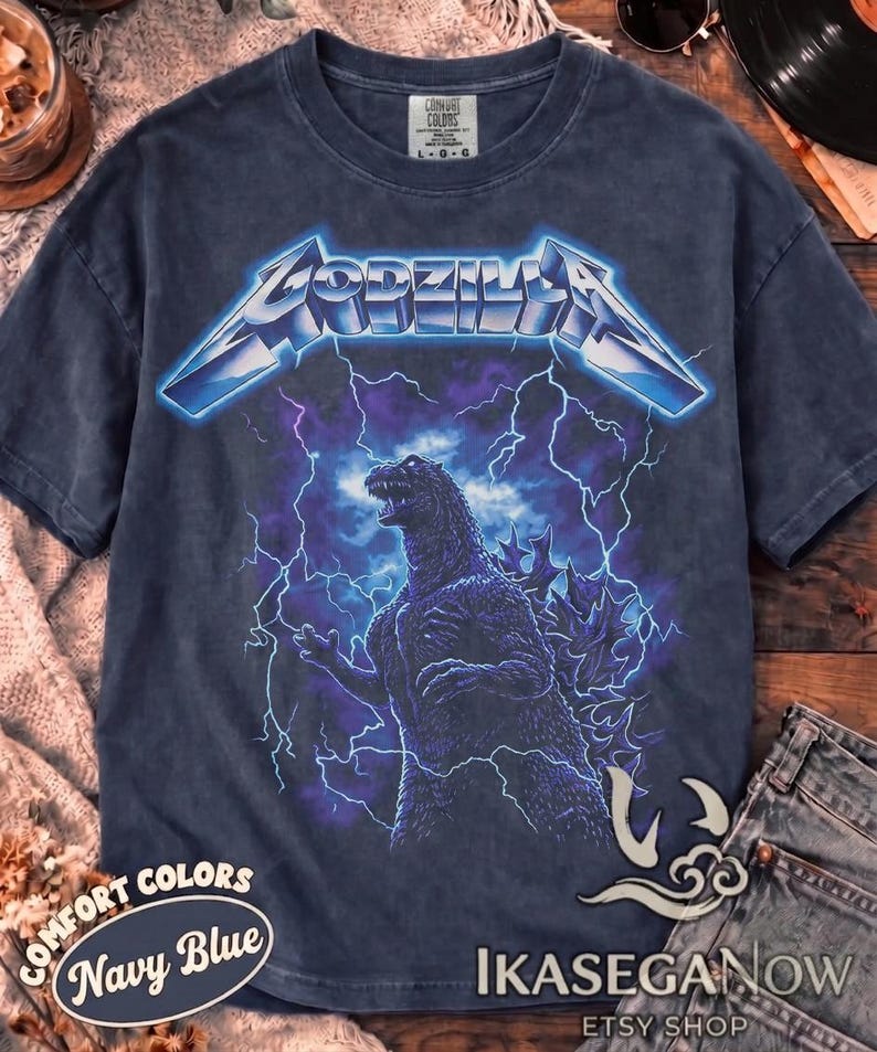 Vintage Godzilla Heavy Metal T-Shirt Kaiju Lightning Grafik-T-Shirt Retro Thrash Metal Style Godzilla Shirt Comfort Colors Japanisches Film-T-Shirt Bild 1
